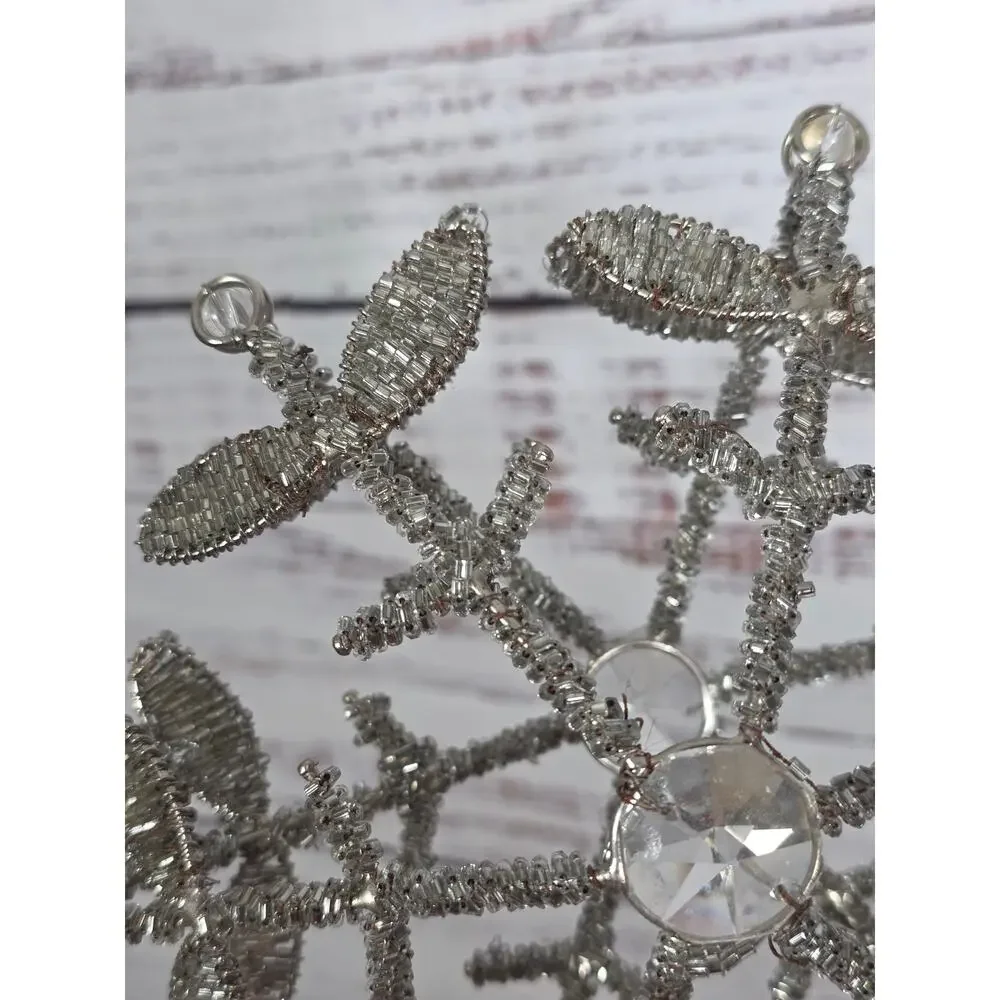 VTG Silver Beaded Metal Sparkle Star Snowflake Roud Tree Topper